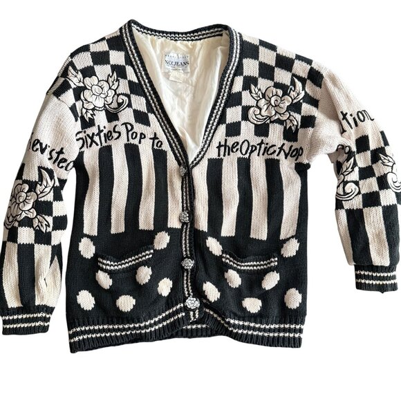 No! Jeans Pop Revolution Black & White Graphic Checkered Cardigan With Floral Kn - Picture 11 of 16